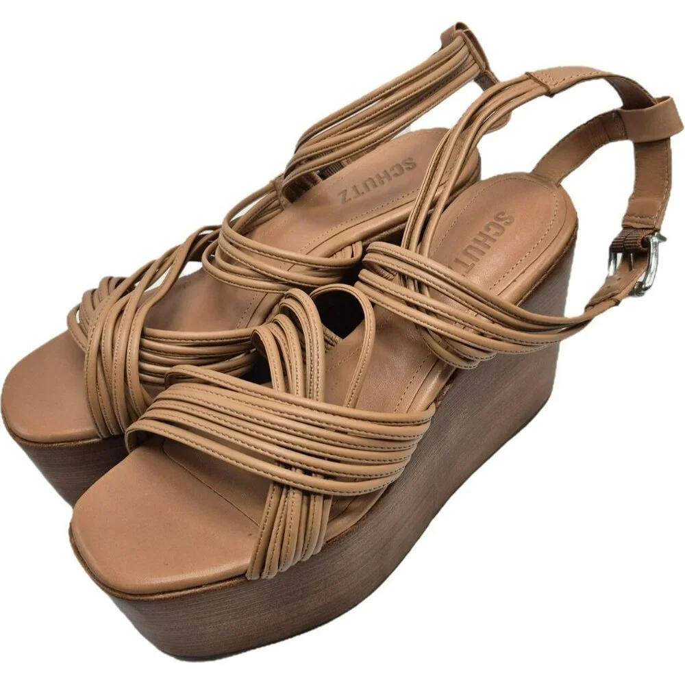 Schutz Marcella Wedge Tan Leather Strappy Platform Sandals Women's 8.5M - Picture 7 of 16
